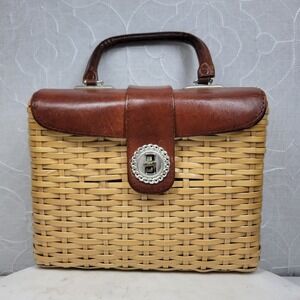 Vintage SIMON Wicker Basket Handbag Brown Leather Trim Structured Top Handle